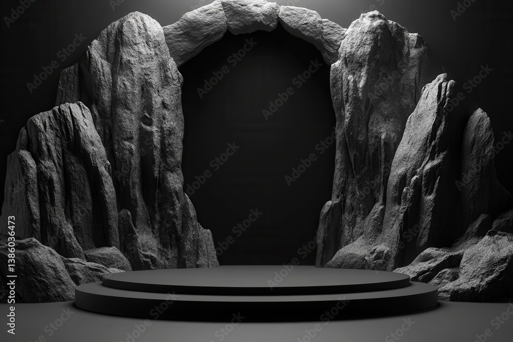 Poster moody monochrome studio shot showcasing a rock formation backdrop with a platform for product displa