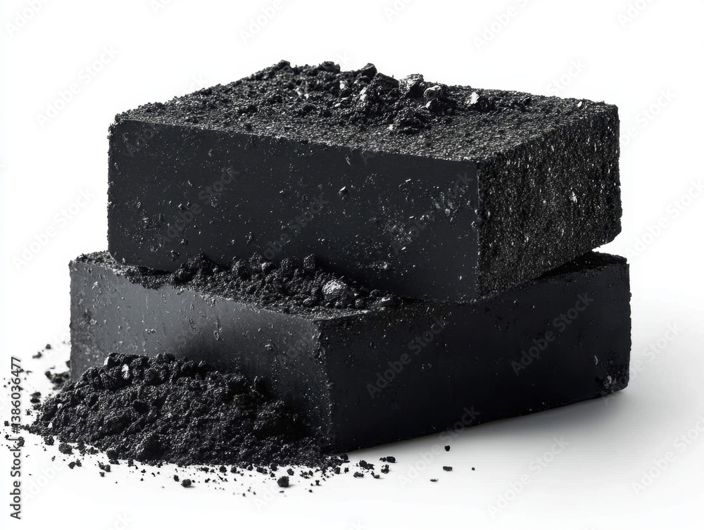 Poster dark charcoal blocks stacked against a white background in a studio shot with a low angle and soft l
