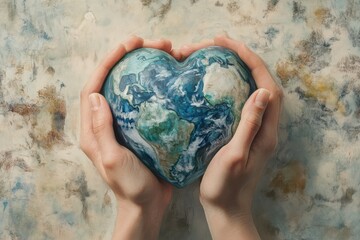 Hands gently cradling a heart shaped earth globe resting on a textured sandy surface close up shot view