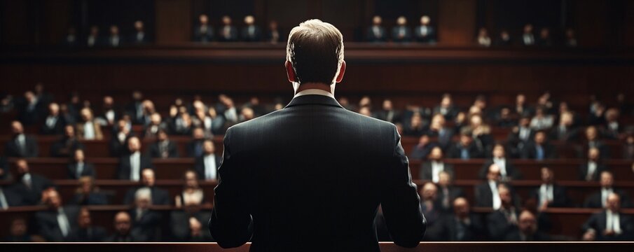 Politician delivering a crucial address from a podium in a legislative assembly