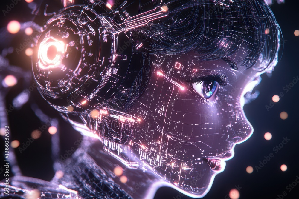 Poster an anime android girl undergoing repair with a glowing wireframe overlay. background includes tools 