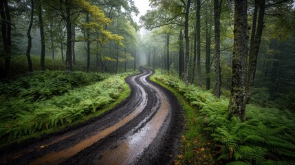 Winding dirt road in a misty forest