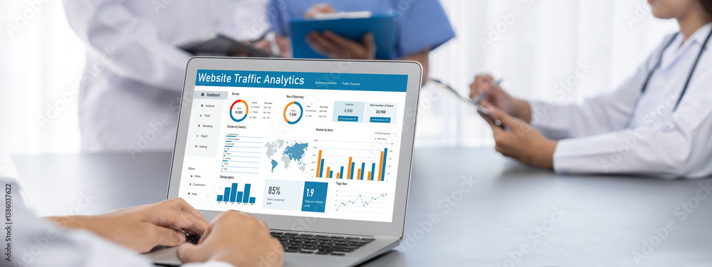 Poster computer software for website traffic analytics data on computer screen. concept of seo search engin