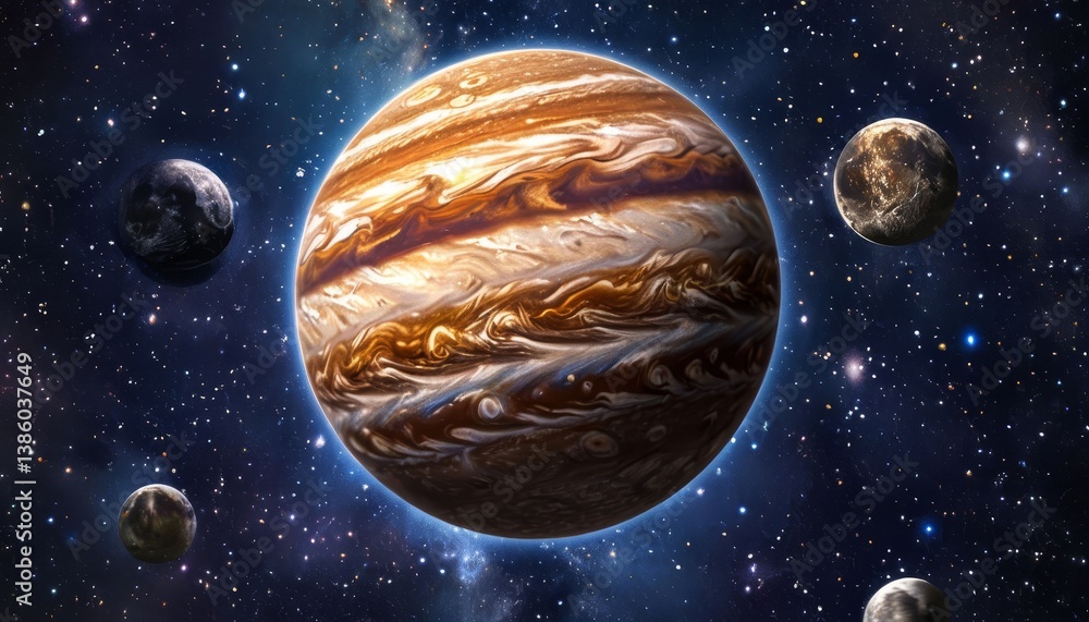 Canvas Prints the image features jupiter, the largest planet in our solar system, surrounded by its moons against 