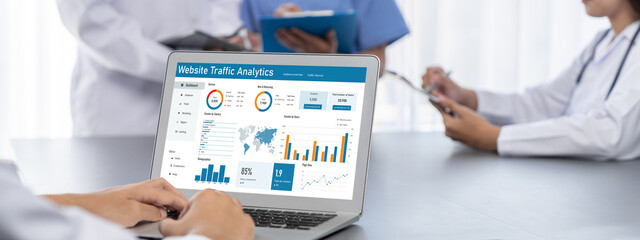 Computer software for website traffic analytics data on computer screen. Concept of SEO search...