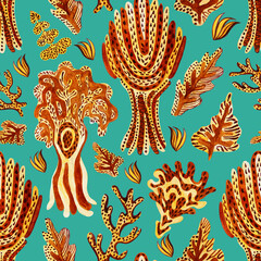 Set of watercolor yellow mystic forest pattern. Leopard motives. Autumn leaves and trees