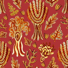 Set of watercolor yellow mystic forest pattern. Leopard motives. Autumn leaves and trees