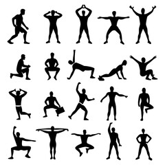 Silhouettes of people doing fitness yoga and sports activities