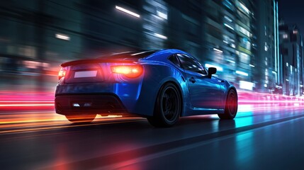modern shiny blue car on street night city, back side view. car racing on track, leaving neon trail of lights from back.