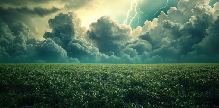 huge thunderclouds with lightning over a green field, in the evening, with a cinematic feel