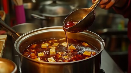 Close-up of a person ladling spicy broth with tofu from a large pot in a vibrant kitchen, showcasing rich colors and textures of the ingredients