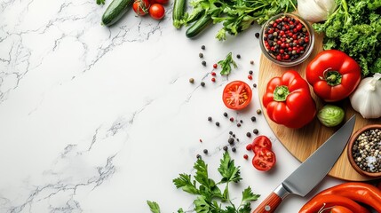 A bird is eye view of a clean kitchen countertop with cutting board, vegetables, and a knife, on a white background