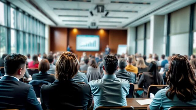 Business conference with audience viewing presentation on growth chart. Corporate seminar in modern auditorium filled with professional attendees. Training event with data projection screen. Executive