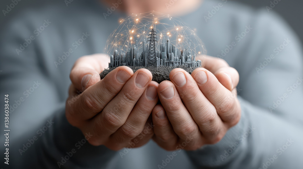 Aufkleber conceptual representation of artificial intelligence managing energy grid with glowing hands holding