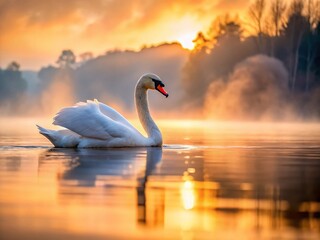 Fototapeta premium Serene Swan at Sunrise: Elegant Waterbird on Calm Lake at Dawn