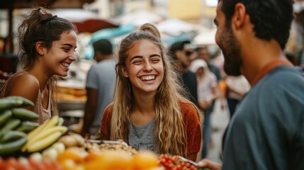 Obraz premium Joyful Friends Explore a Bustling Street Market with Genuine Laughter