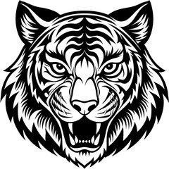 A majestic tiger emerging from a lush, vibrant rainforest, surrounded by tropical plants and orange flowers, showcasing its striking fur and intense gaze.