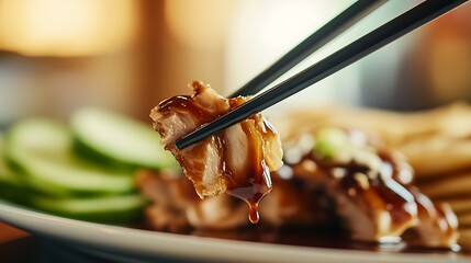 Close-up of succulent grilled meat held with chopsticks, accompanied by fresh cucumber slices, all arranged on a white plate with a glossy sauce in warm lighting