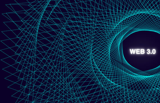 Decentralized internet web3.0, 3d illustration of the logo of the Web3 on a dark navy blue background consisting of a depiction of distributed ledger technology and blockchain.