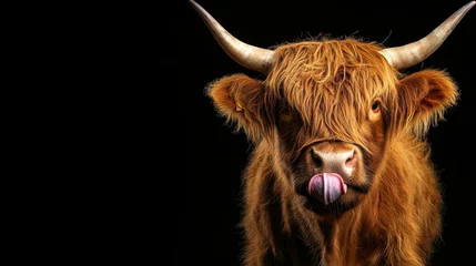 Keuken achterwand Schotse hooglander Highland cow portrait against black background, tongue out.  © cllareta