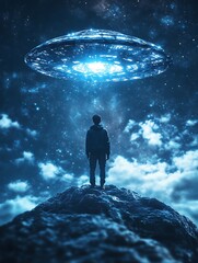 Person on hill, UFO in night sky