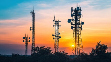 Silhouette of a satellite dish and cell tower against the sky at sunset, conveying a technological concept.