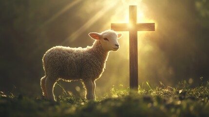 Lamb Standing Beside Wooden Cross in Sunlight