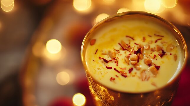 A close-up of a golden glass filled with creamy dessert garnished with nuts and saffron strands, surrounded by soft bokeh lights creating a warm atmosphere
