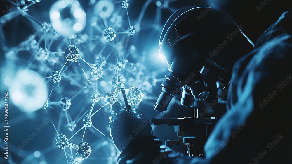Poster close-up of scientist using high-tech microscope for research
