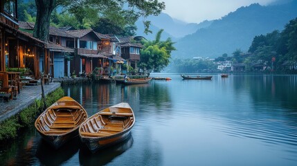 Obraz premium Serene Lakeside Village in the Misty Mountains