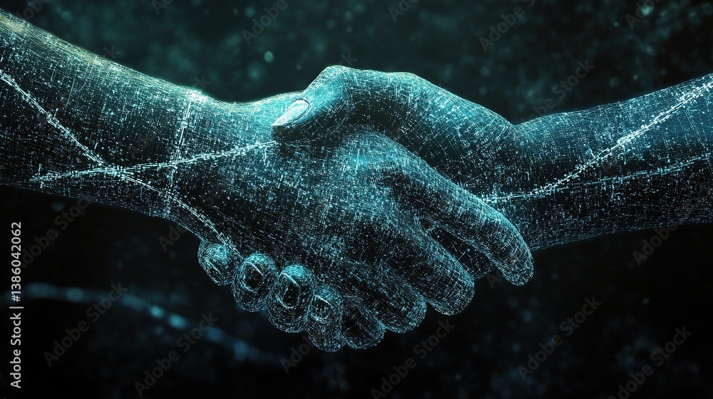 Poster digital business handshake with blockchain technology concept