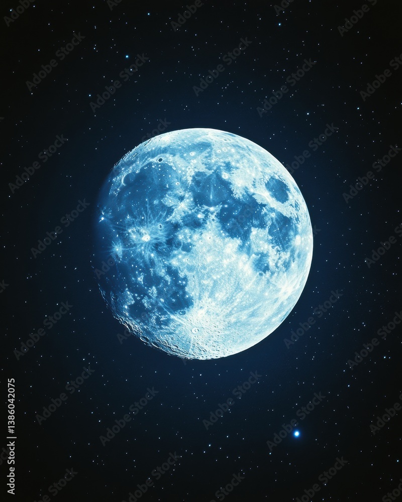 Poster ethereal full moon in deep space with visible craters and starlight illuminating a celestial sphere 