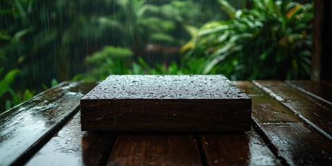 Fototapeta premium a wooden table and a wet stone in the rain 