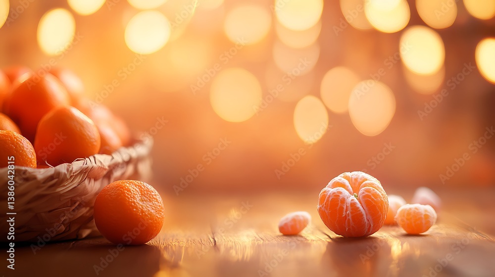 Poster a close-up view of vibrant orange mandarin oranges on a wooden surface with a soft bokeh background 