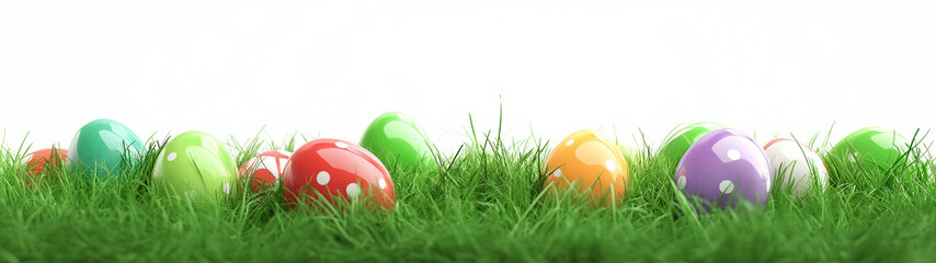 Fototapeta premium Colorful Easter Eggs in Green Grass Spring Holiday Celebration, web banner