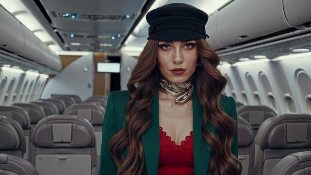 Professional flight attendant wearing tailored uniform and distinctive hat standing confidently inside commercial airplane cabin, embodying aviation elegance and workplace sophistication