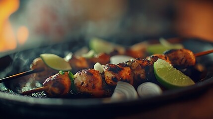 A close-up shot of juicy grilled chicken skewers garnished with fresh lime slices and onions on a sizzling platter, emitting steam in a cozy setting