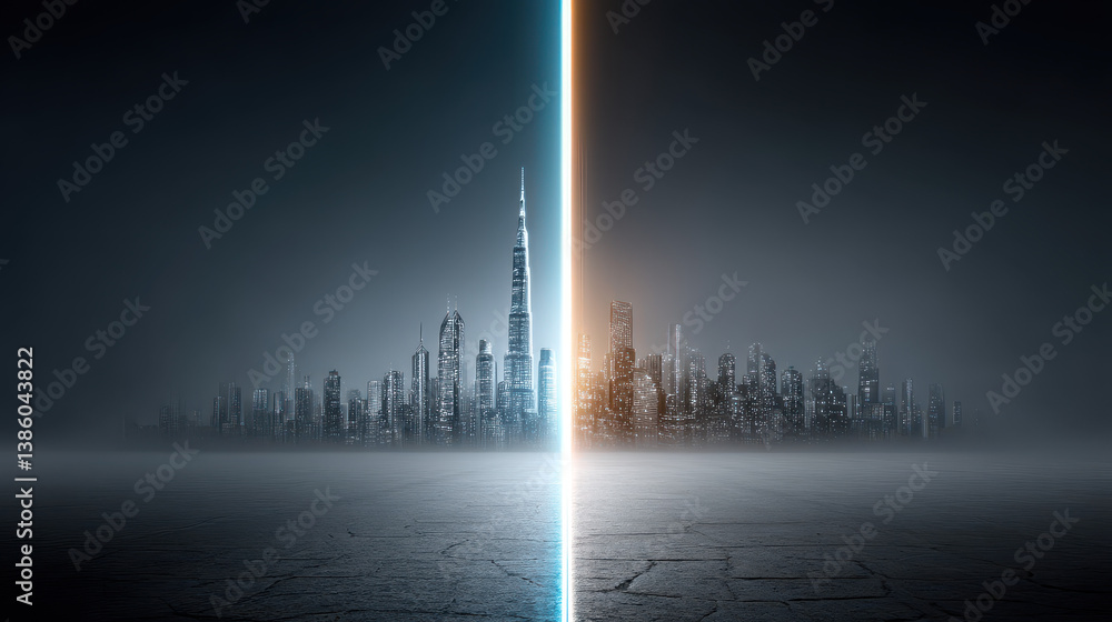 Poster futuristic city showcasing ai-driven power dynamics with stark light and darkness reflecting imbalan