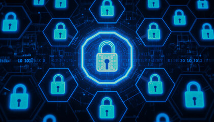 A network of glowing blue padlocks representing robust digital security in a futuristic digital landscape with a central, brightly lit lock.