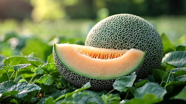 Fresh cantaloupe on dewy leaves, sunny garden scene, perfect for summer