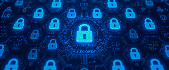 A digital fortress of glowing blue locks safeguarding valuable data in a secure, interconnected network with a hypnotic hexagonal pattern.