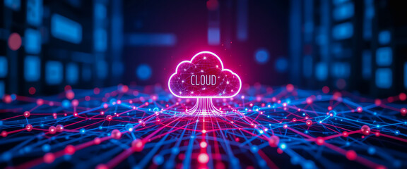 The glowing cloud symbol represents the vast interconnected network of cloud computing, a digital landscape of endless possibilities and innovation in vibrant pink and blue hues.