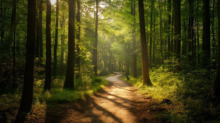 Obraz premium A peaceful forest path wilding through tall tree woods