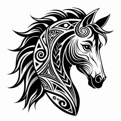 Obraz premium Tribal Horse Head with Intricate Swirls – Black and White Ornamental Equestrian Design.