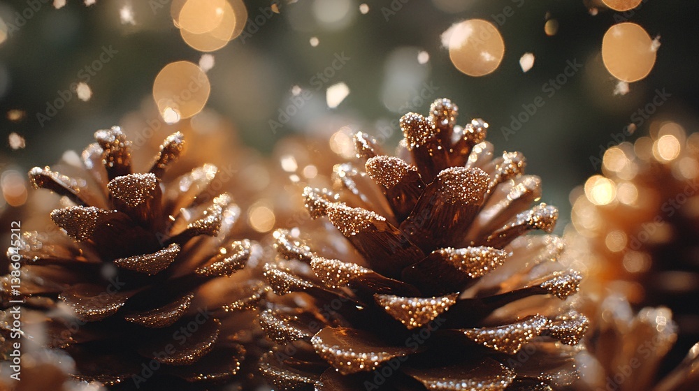 Poster golden pine cones glisten under holiday lights as shimmering specks softly descend in a joyful setti