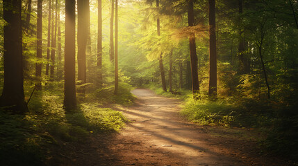 A peaceful forest path wilding through tall tree woods