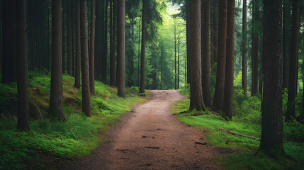 Fototapeta premium A peaceful forest path wilding through tall tree woods