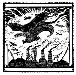Naklejka premium Black and white illustration of a dragon flying over a factory with smoke stacks, surrounded by bats and a starry night sky—an eerie, fantasy-meets-industrial scene.