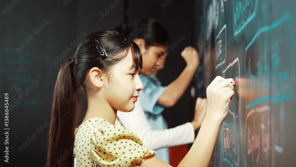 Poster multicultural smart student writing engineering code with site view. diverse children planning creat