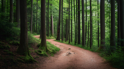 Obraz premium A peaceful forest path wilding through tall tree woods
